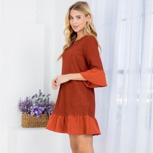 S M RUST ROUND NECKLINE RUFFLE HEM & SLEEVE MINI DRESS